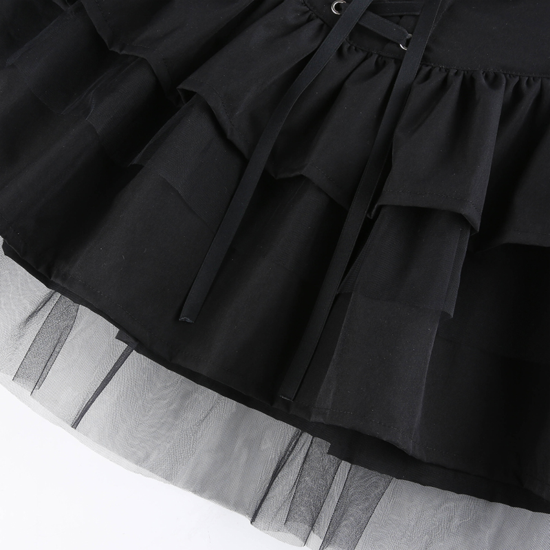 Cute Black Goth Lace Up High Waisted Ruffle Skirt Punk Bandage A-line Lace Trim Tutu Casual E-Girl Kawaii Korean Japanese Harajuku Streetwear