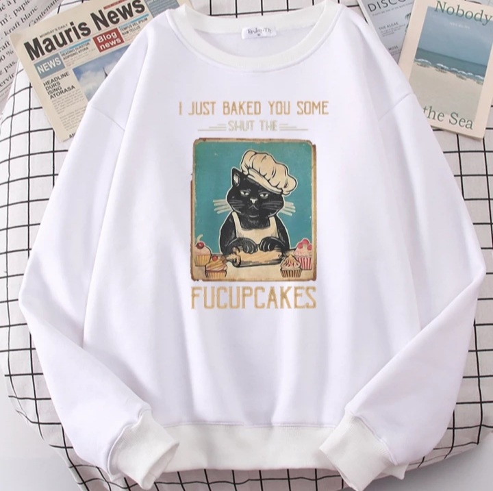 Cute Funny Cat Baking Cupcakes Cartoon Print Sweatshirt Pullover Hoodie Aesthetic Casual E-Girl Kawaii Korean Japanese Harajuku