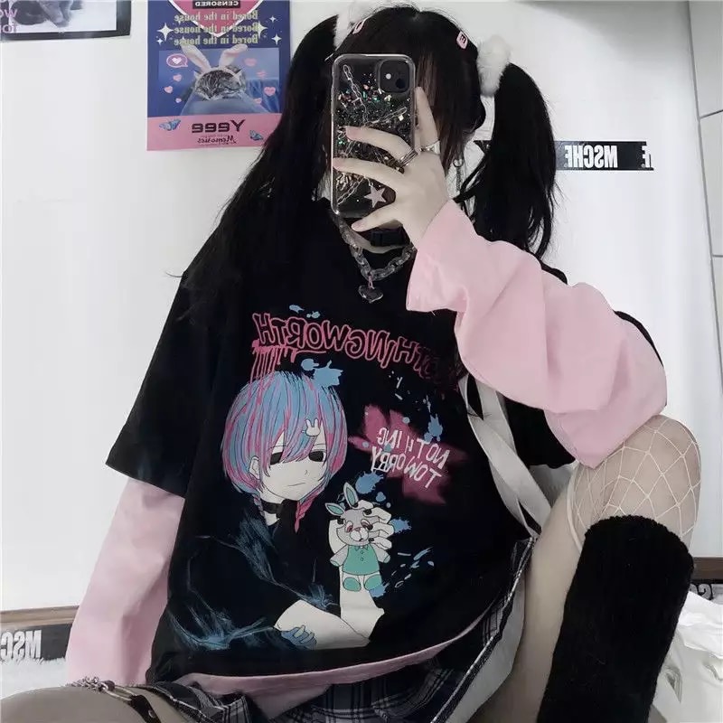 Goth Anime Girl Cartoon Print Loose Casual Sweatshirt Sweater Long Sleeve Shirt Pullover Jumper E-Girl Kawaii Korean Japanese Harajuku Streetwear
