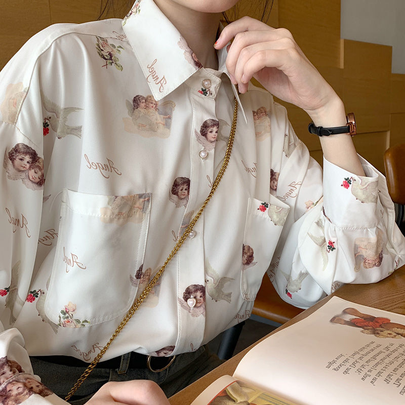 Vintage Angel Love Print Elegant Long Sleeve Shirt Blouse Top Lantern Sleeve Punk Grunge E-Girl Kawaii Korean Japanese Harajuku Streetwear
