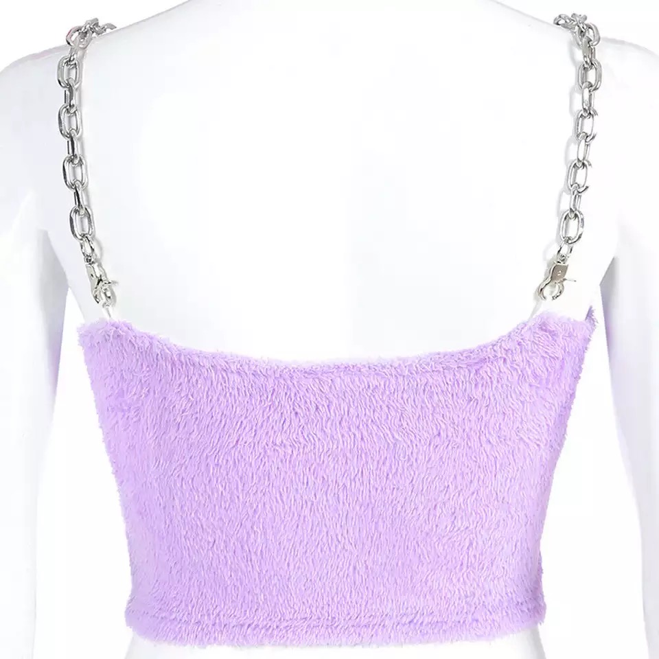 Cute Sexy Purple Chain Sling Fur Fluffy Casual Tank Crop Top Sleeveless Shirt Summer Club E-Girl Kawaii Korean Japanese Harajuku Retro Streetwear