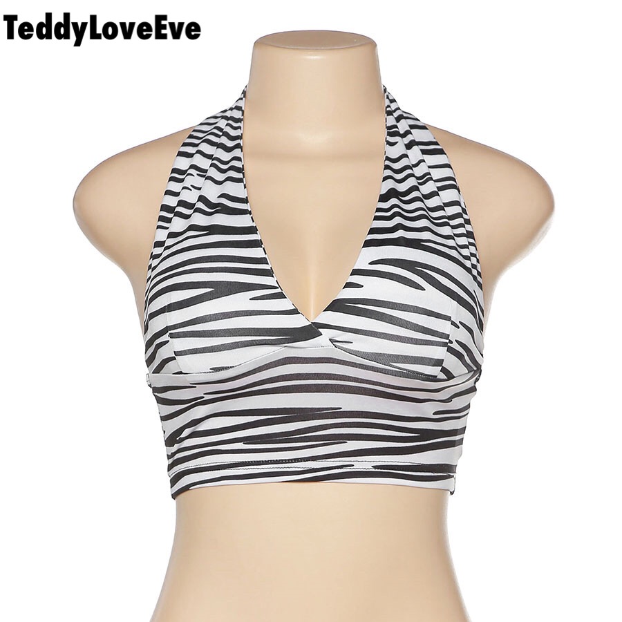Cute Sexy Zebra Animal Print Sleeveless Halter Crop Top Shirt Tee T-shirt E-Girl Kawaii Korean Japanese Harajuku Chinese Retro Streetwear Aesthetic