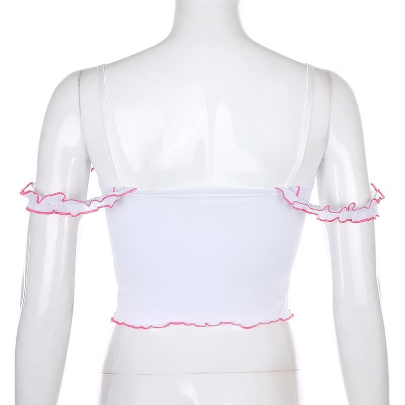 Cute Strawberry Milkmaid Patchwork Frill Ruched Mesh Crop Top Sleeveless Shirt Summer Aesthetic E-Girl Kawaii Korean Japanese Harajuku Streetwear