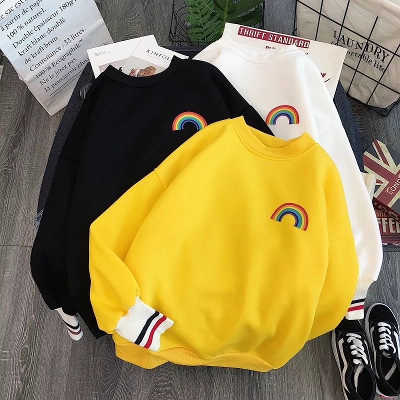 Cute Rainbow Embroidery Fleece Hoodie Sweater Sweatshirt Pullover 90s Oversized Long Sleeve E-Girl Kawaii Korean Japanese Harajuku Retro Streetwear