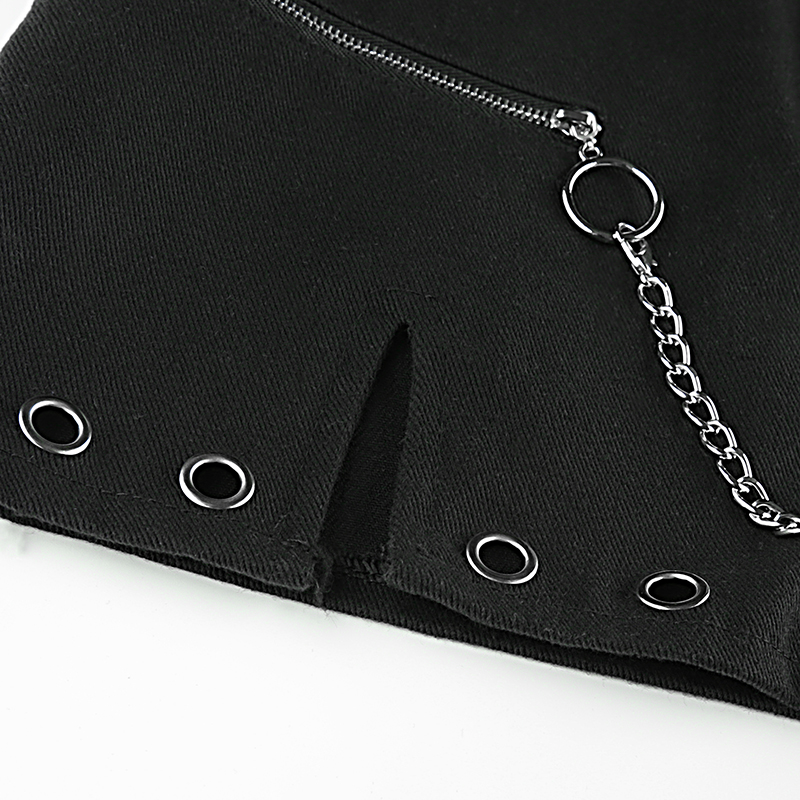 Sexy Black Goth Punk Demin Metal Chain Patchwork High Waisted Mini Skirt Zipper Split A-line E-Girl Kawaii Korean Japanese Harajuku Retro Streetwear