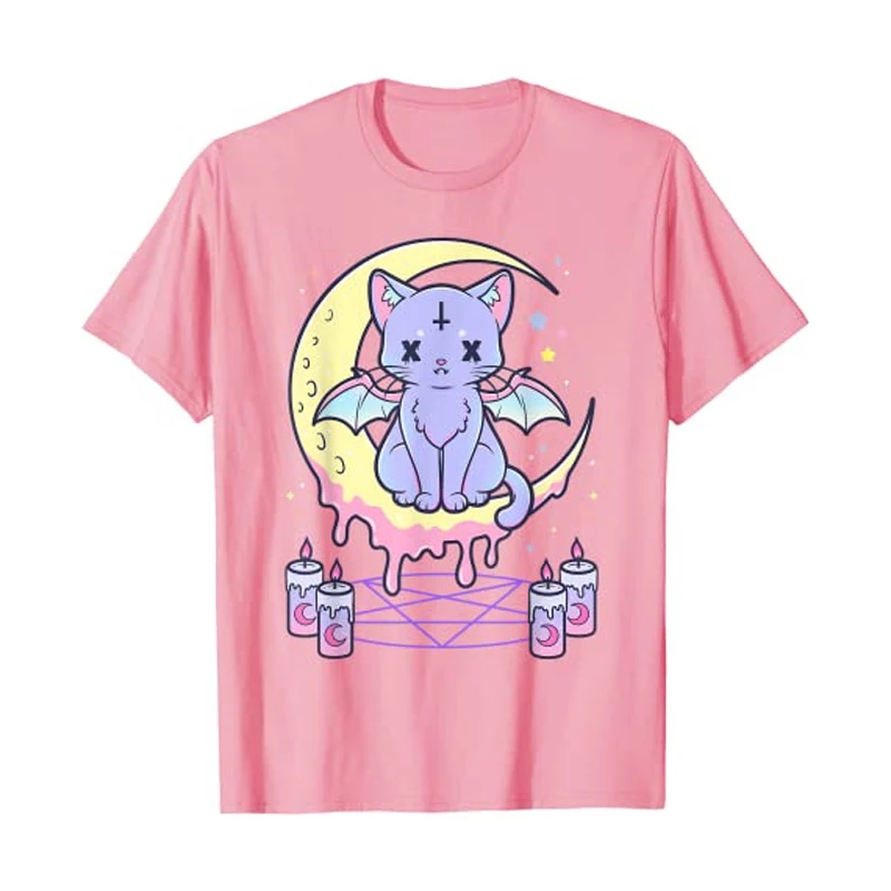 Cute Pastel Black Cat Witch Magic Moon Print Short Sleeve T-shirt Goth Punk Aesthetic Casual E-Girl Kawaii Korean Japanese Harajuku