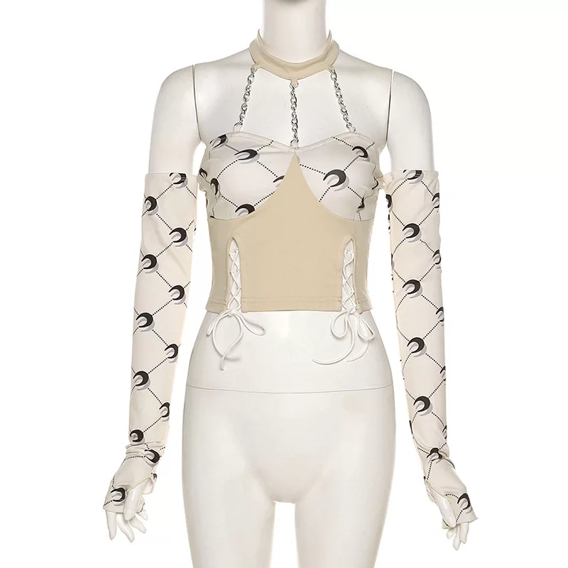 Cute Moon Print Patchwork Bandage Bustier Chain Halter Crop Top Off Shoulder Long Sleeve Shirt Aesthetic E-Girl Kawaii Korean Japanese Harajuku