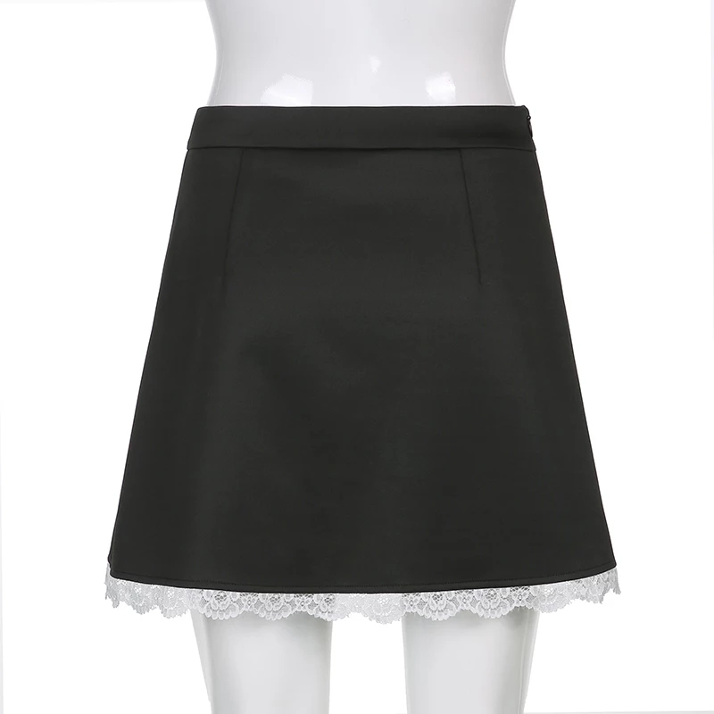 Cute Black Maid Lace Trim Mini Skirt 90s Party Summer Aesthetic Casual E-Girl Kawaii Korean Japanese Harajuku