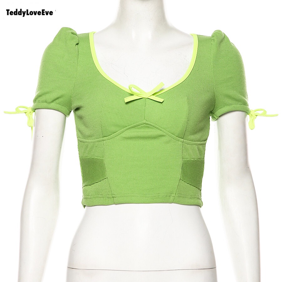 Cute Sexy Neon Green Ribbed Knit Bow Crop Top Short Sleeve Shirt Tee T-shirt E-Girl Kawaii Korean Japanese Harajuku Chinese Retro Streetwear Aesthetic