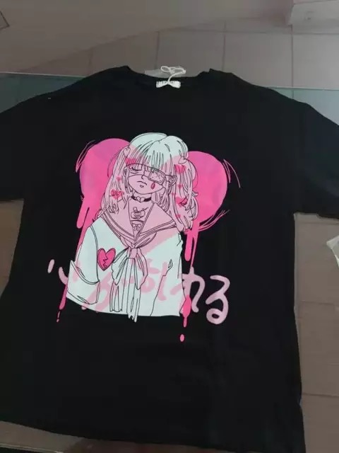 Cute Black Punk Goth Anime Girl Cartoon Print Short Sleeve Shirt Oversized Loose T-shirt Tee Top E-Girl Kawaii Korean Japanese Harajuku Streetwear