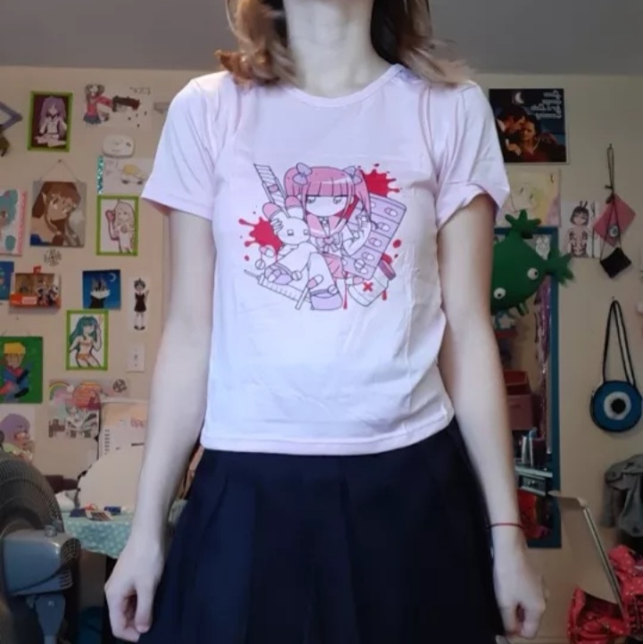 Cute Sweet Pastel Pink Anime Girl Strawberry Print Loose Short Sleeve Shirt Aesthetic Casual E-Girl Kawaii Korean Japanese Harajuku