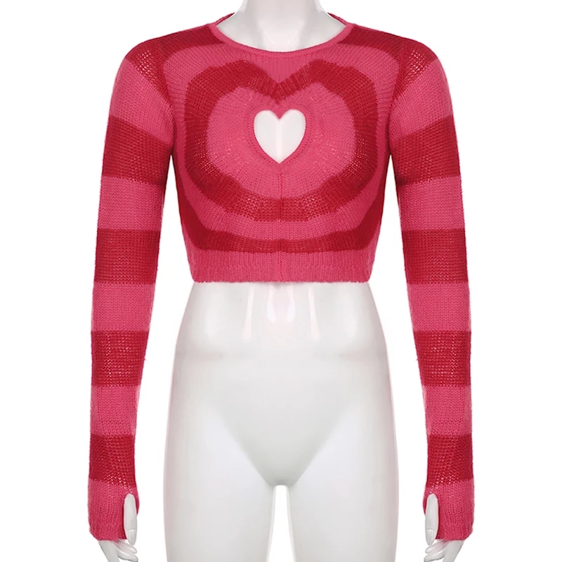 Cute Pink Heart Shape Hollow Out Long Sleeve O-neck Sweater Knit Pullover Aesthetic Casual E-Girl Kawaii Korean Japanese Harajuku