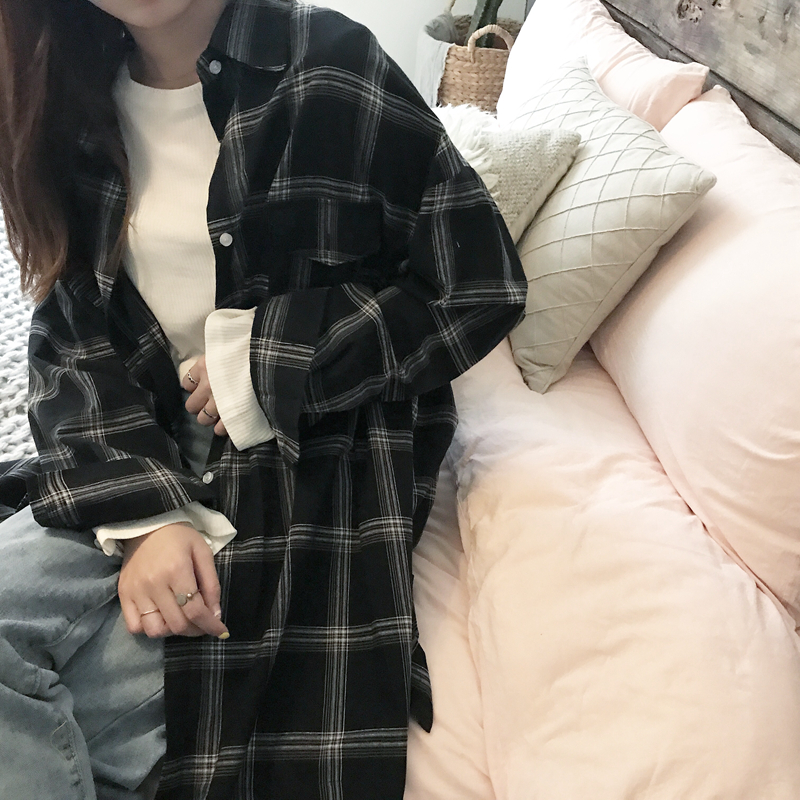 Cute Casual Plaid Flannel Loose Oversized Long Sleeve Shirt Top Boyfriend Baggy E-Girl Kawaii Korean Japanese Harajuku Retro Streetwear