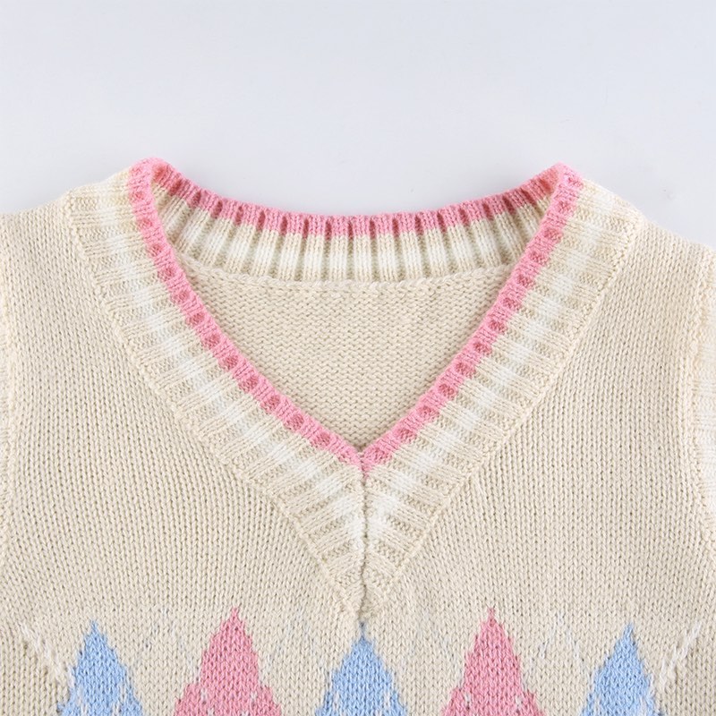 Cute Argyle Plaid Sleeveless V Neck Knit Sweater Sweatshirt Preppy Crop Top Pullover Aesthetic E-Girl Kawaii Korean Japanese Harajuku Streetwear