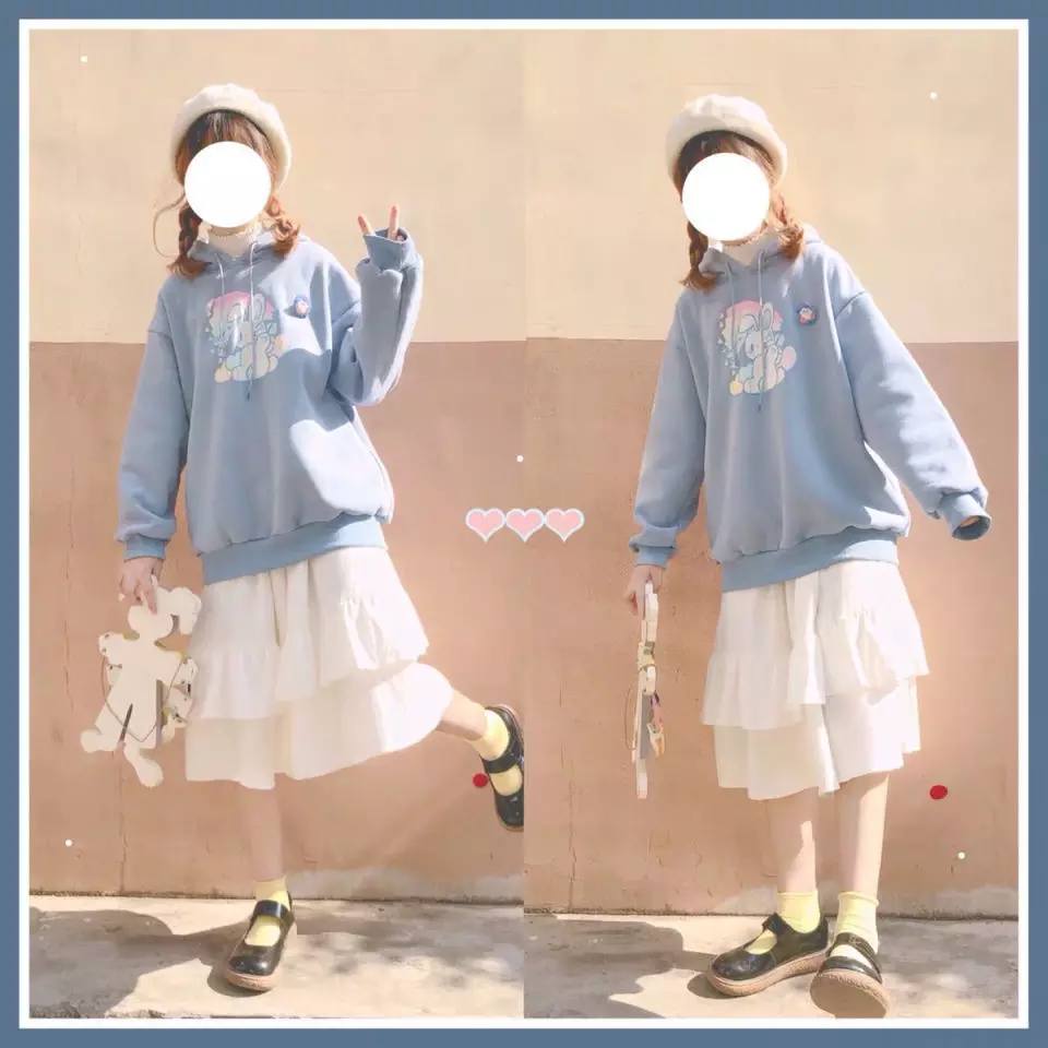 Cute Cream Bunny Rabbit Print Long Sleeve Hoodie Oversized Pullover Sweater Aesthetic Casual E-Girl Kawaii Korean Japanese Harajuku