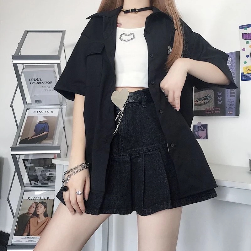 Cute Black Heart Bow Pocket Denim Mini Skirt High Waisted Pleated Aesthetic Goth Casual Summer E-Girl Kawaii Korean Japanese Harajuku
