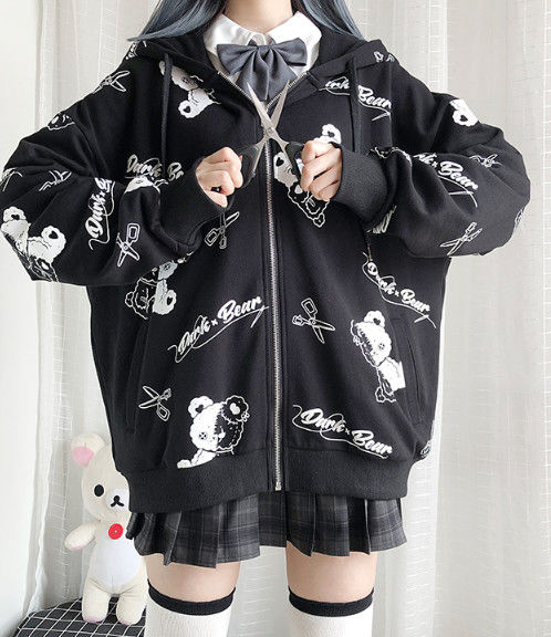 Teddy Bear Scissors Print Hoodie Zip Up Sweater Sweatshirt Long Sleeve Pullover Jumper Goth Punk E-Girl Kawaii Korean Japanese Harajuku Streetwear
