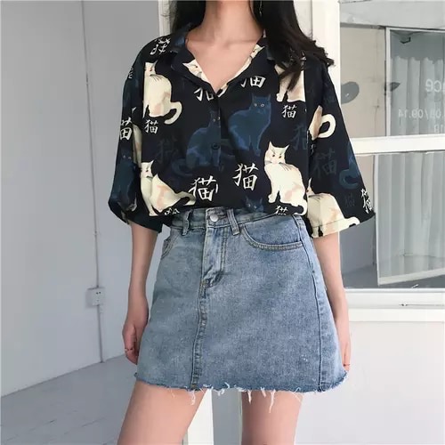 Chinese Letter Cat Animal Print Casual Loose Button Down Collar Short Sleeve Tee Shirt T-shirt Top E-Girl Kawaii Korean Japanese Harajuku Streetwear