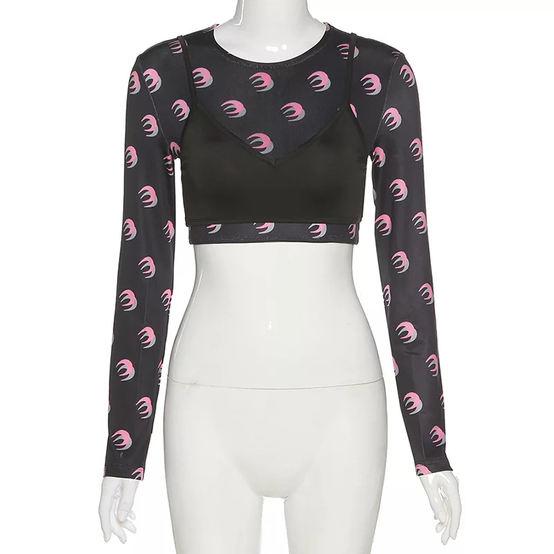 Cute Sexy 2pcs Moon Print Long Sleeve T-shirt Crop Top With Bra Camisole Summer Aesthetic Casual E-Girl Kawaii Korean Japanese Harajuku