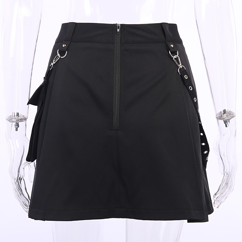 Cute Sexy Punk Goth Black High Waist Mini Skirt Patchwork Bandage Bottom E-Girl Kawaii Korean Japanese Harajuku Chinese Retro Streetwear Aesthetic