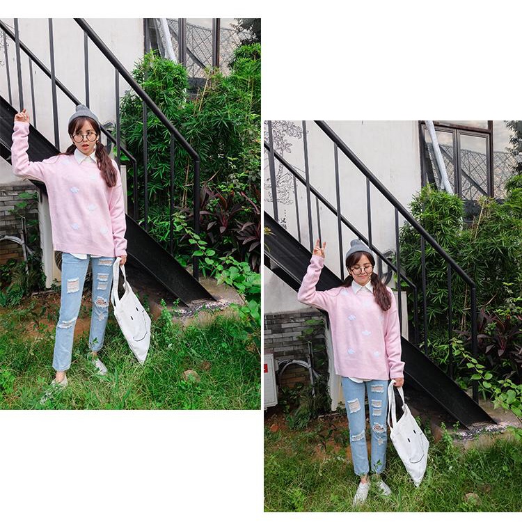 Cute Pastel Cloud Winter Autumn Loose Oversized Casual Knit Sweater Sweatshirt Pullover Jumper Shirt E-Girl Kawaii Korean Japanese Harajuku Streetwear
