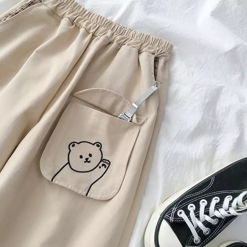 Cute Black Khaki Bear Embroidery Wide Leg Pants Women Casual High Waisted Loose Long Straight Bottom E-Girl Kawaii Korean Japanese Harajuku Streetwear