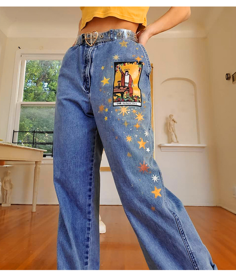 Vintage Star Moon Night Sky Women Heans Pattern Print Autumn Winter Demin Trouser Blue Pants Bottom E-Girl Kawaii Korean Japanese Harajuku Streetwear