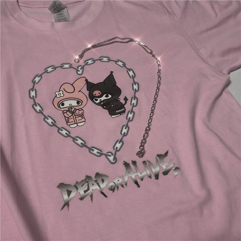Cute Pastel Pink Anime Cartoon Print Rabbit Letter Short Sleeve Shirt T-shirt Top E-Girl Kawaii Korean Japanese Harajuku Streetwear