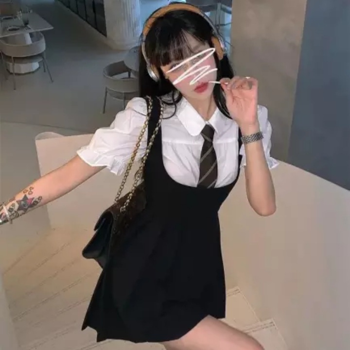 Cute Preppy Puff Sleeve Shirt Pleated Dress Set Student Aesthetic Casual E-Girl Kawaii Korean Japanese Harajuku