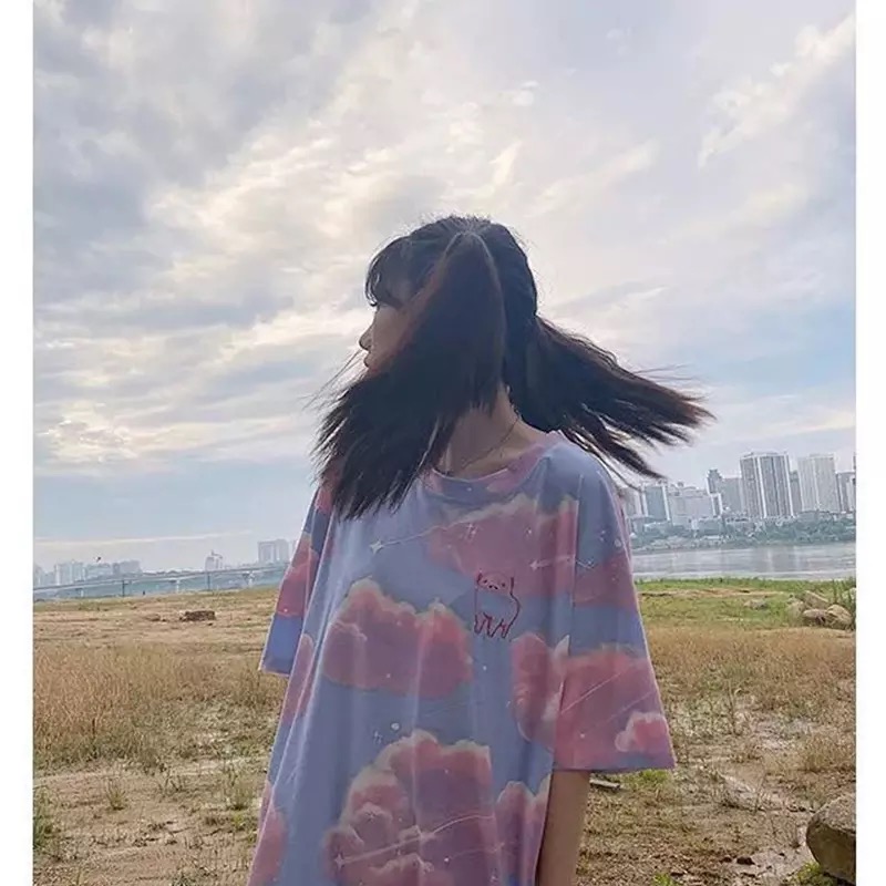 Cute Pastel Aesthetics Clouds Pig Embroidery Vintage Short Sleeve Shirt Oversized Loose T-shirt Top E-Girl Kawaii Korean Japanese Harajuku Streetwear