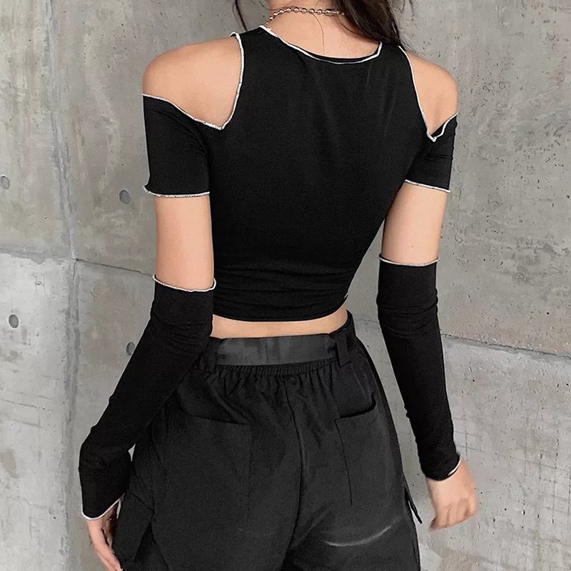 Cute Black Patchwork Cut Shoulder Crop Top Short Sleeve Shirt Punk Goth Summer Aesthetic Casual E-Girl Kawaii Korean Japanese Harajuku