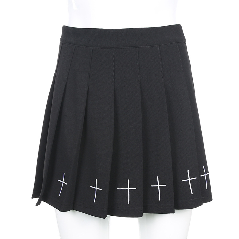 Cute Black Cross Print Goth Punk Pleated High Waisted Mini Skirt Bottom E-Girl Kawaii Korean Japanese Harajuku Retro Streetwear