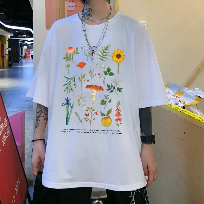 Cute Herbology Plant Mushroom Cartoon Print Loose Oversize Short Sleeve T-shirt Punk Aesthetic Casual Summer E-Girl Kawaii Korean Japanese Harajuku