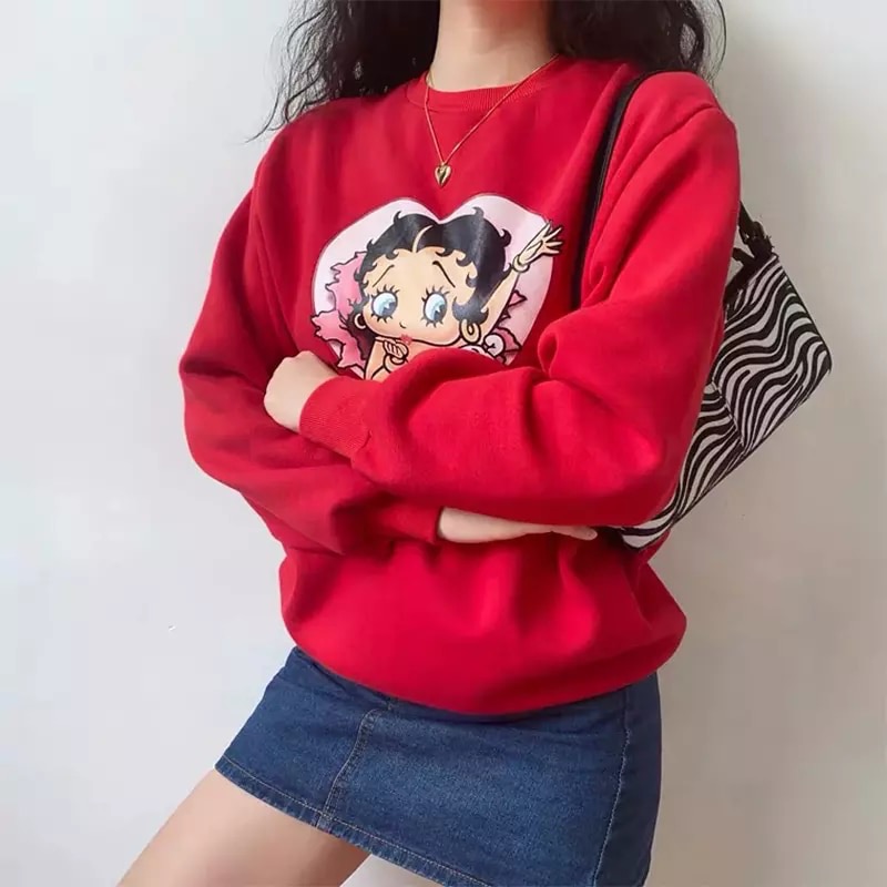 Cute 80s 90s Red Heart Vintage Cartoon Girl Long Sleeve Shirt Hoodie Pullover Sweatshirt Casual E-Girl Kawaii Korean Japanese Harajuku Streetwear