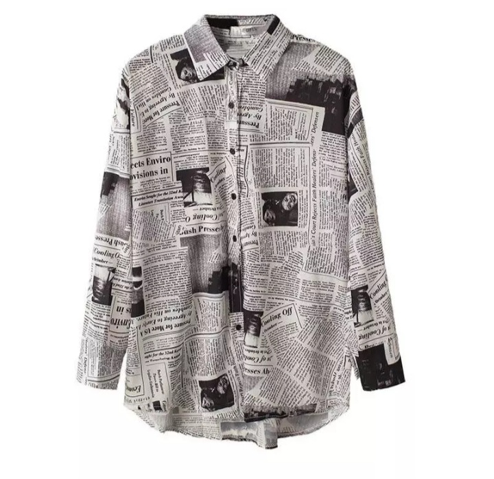 Cute Vintage Newspaper Letter Print Button Up Long Sleeve Shirt Blouse Top Aesthetic Casual E-Girl Kawaii Korean Japanese Harajuku
