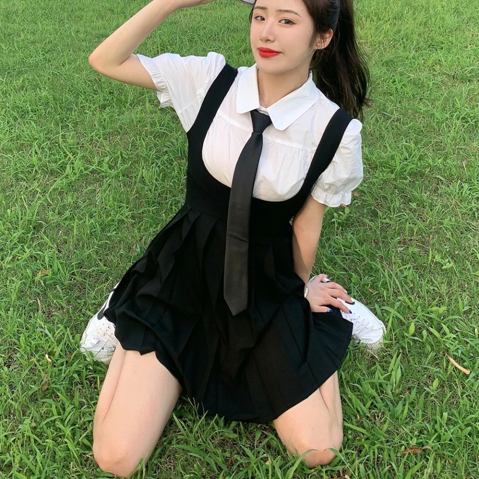 Cute Preppy Puff Sleeve Shirt Pleated Dress Set Student Aesthetic Casual E-Girl Kawaii Korean Japanese Harajuku