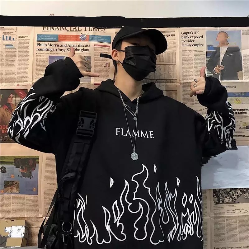 White Black Flame Fire Cartoon Casual Loose Oversized Hoodie Sweater Sweatshirt Long Sleeve Pullover E-Girl Kawaii Korean Japanese Harajuku Streetwear