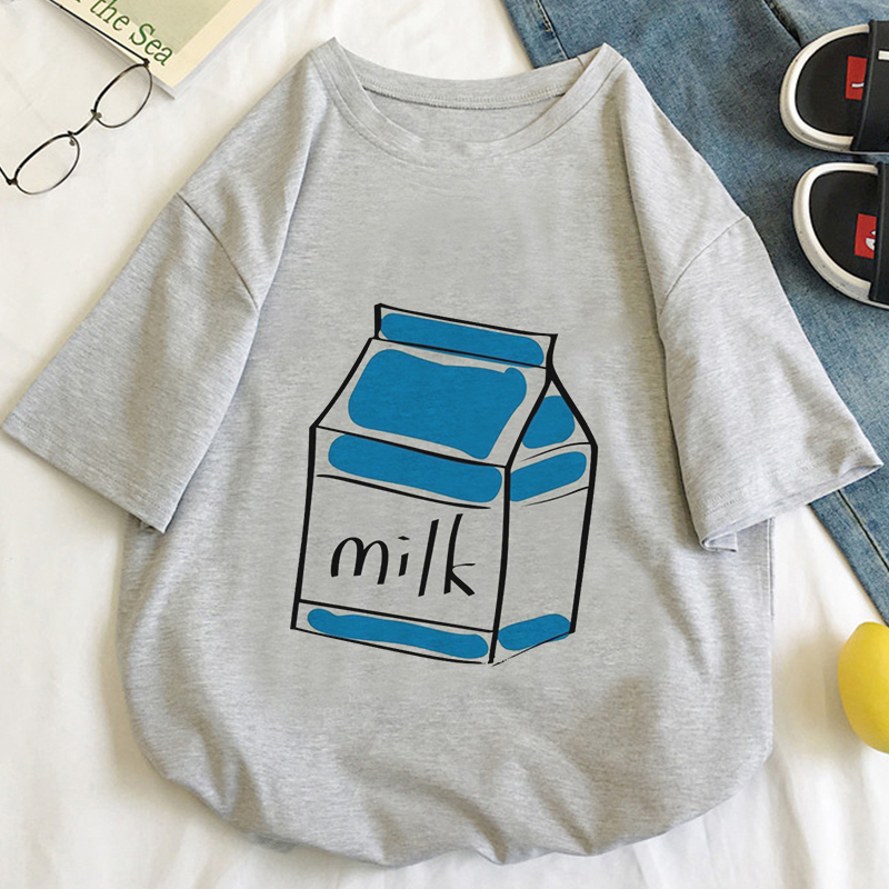 Cute Aesthetic Milk Carton Box Graphic Cartoon Print Loose Short Sleeve Short T-shirt Top Casual E-Girl Kawaii Korean Japanese Harajuku Streetwear