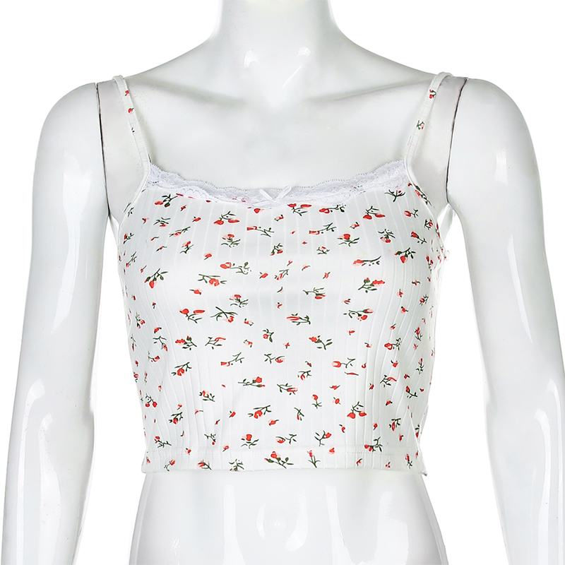 Cute Floral Print Lace Spaghetti Strap Camisole Crop Top Shirt Tee T-shirt E-Girl Kawaii Korean Japanese Harajuku Chinese Retro Streetwear Aesthetic
