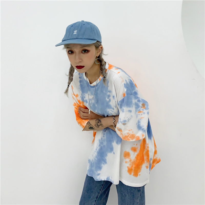Cute Tie Dyed Hip Hop Casual Punk Goth Loose Oversized Short Sleeve Shirt Tee T-shirt E-Girl Kawaii Korean Japanese Harajuku Chinese Retro Streetwear