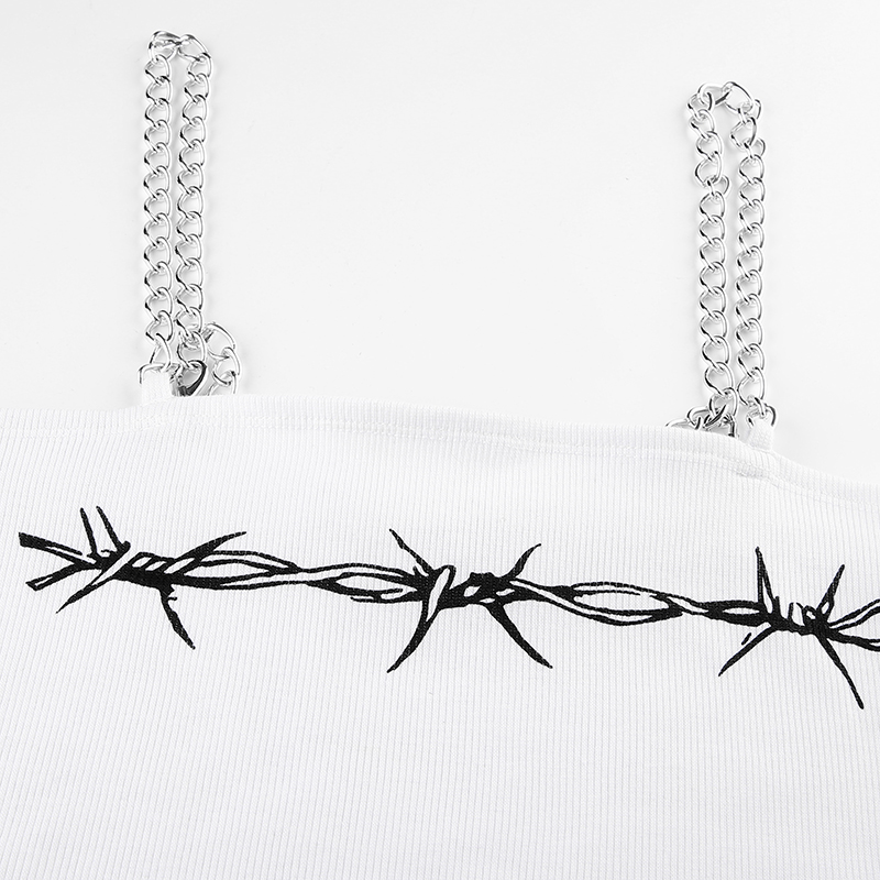 Sexy Barb Wire Print Sleeveless Shirt Crop Top Tank Camisole Metal Chain Strap Casual Punk Summer E-Girl Kawaii Korean Japanese Harajuku Streetwear