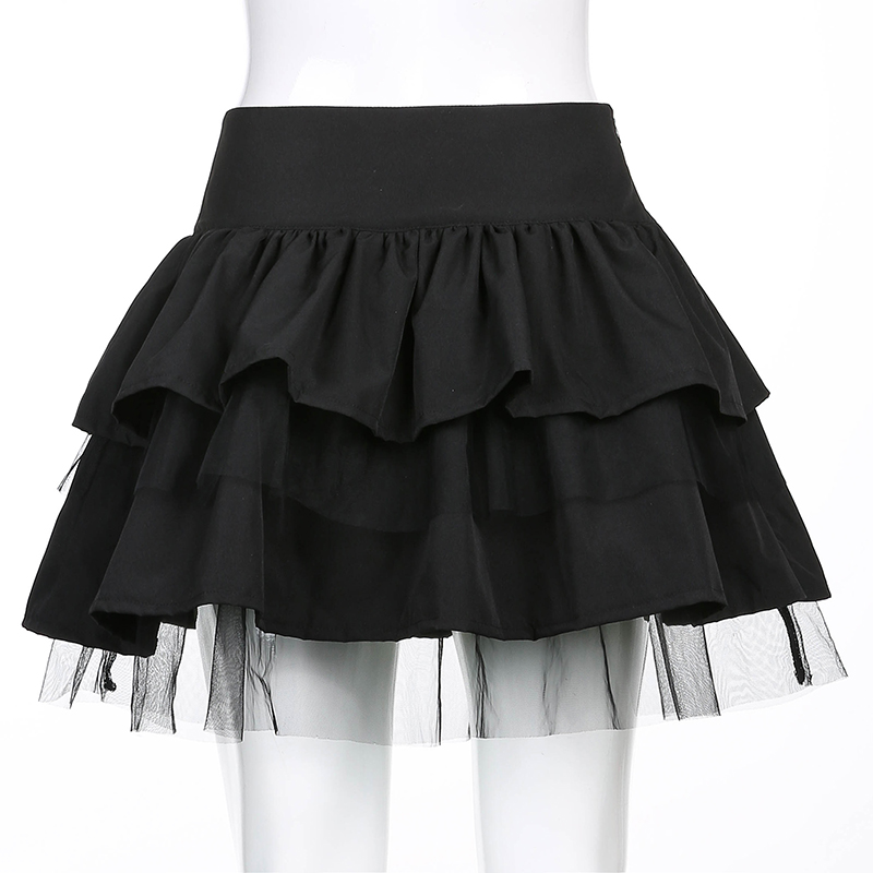 Cute Black Goth Lace Up High Waisted Ruffle Skirt Punk Bandage A-line Lace Trim Tutu Casual E-Girl Kawaii Korean Japanese Harajuku Streetwear