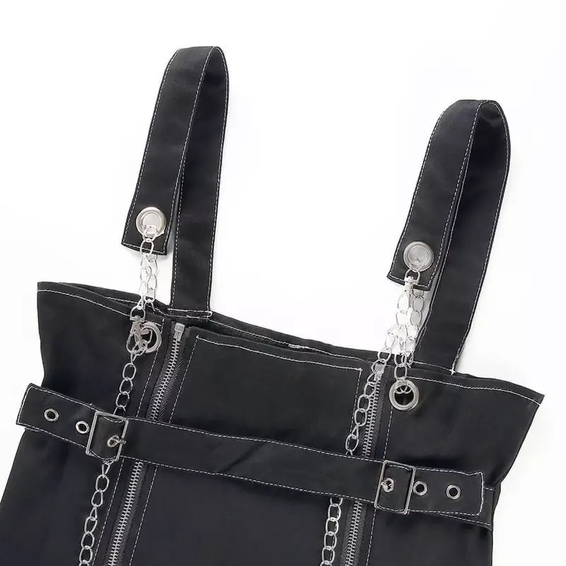 Sexy Black Casual Chain Metal Sling Belt Zipper Short Mini Dress Punk Goth E-Girl Kawaii Korean Japanese Harajuku Streetwear
