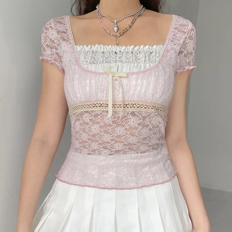 Cute Sweet Pink Lace Trim Short Sleeve Shirt Crop Top Summer Aesthetic Casual E-Girl Kawaii Korean Japanese Harajuku