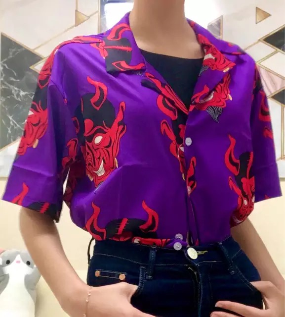 Summer Pink Purple Devil Print Button Down Casual Loose Short Sleeve Tee Shirt T-shirt Top E-Girl Kawaii Korean Japanese Harajuku Streetwear