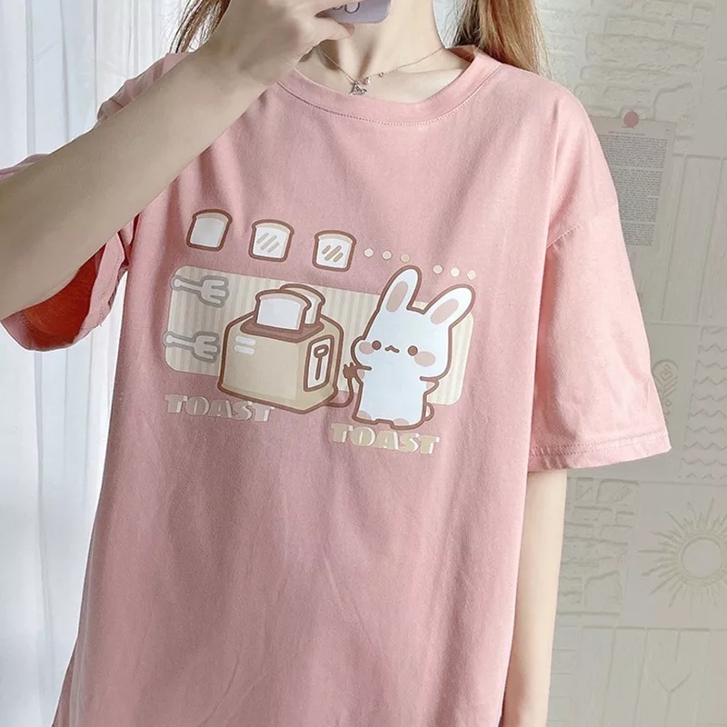 Cute Bunny And Toast Bread Graphic Cartoon Print Loose Short Sleeve T-shirt Aesthetic Casual Summer E-Girl Kawaii Korean Japanese Harajuku