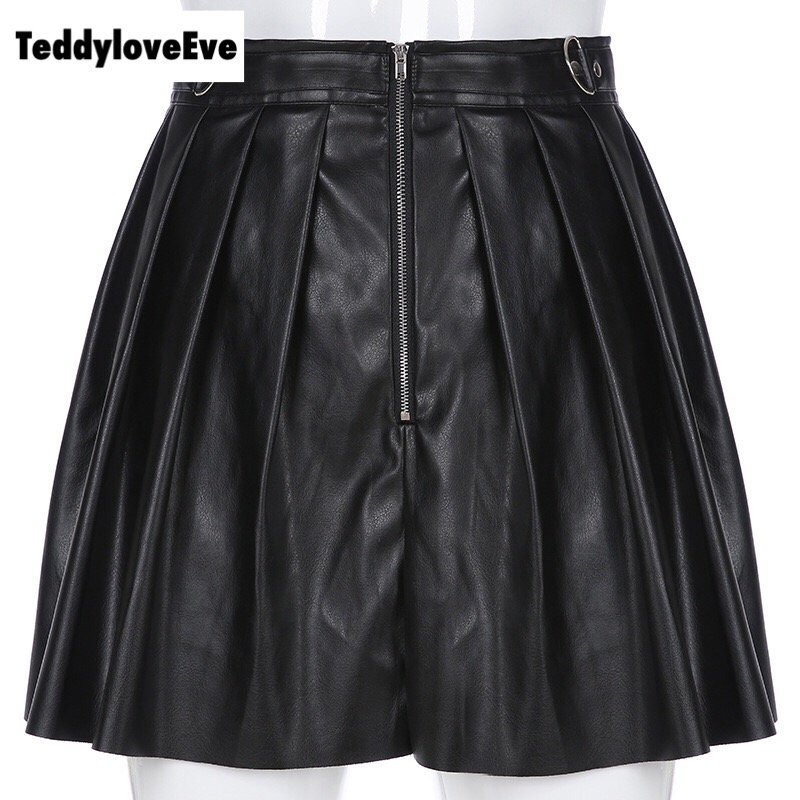 Sexy Black Goth Grunge Punk Summer Zipper Rivet Pleated PU Skirt Metal Ring Hallow Out E-Girl Kawaii Korean Japanese Harajuku Streetwear
