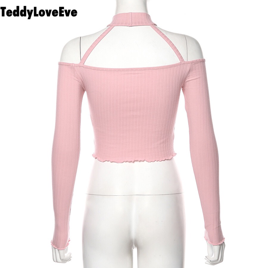 Cute Pink Strapless Ruffle Crop Top Causal Slim Long Sleeve Shirt T-shirt Top Tee E-Girl Kawaii Korean Japanese Harajuku Streetwear