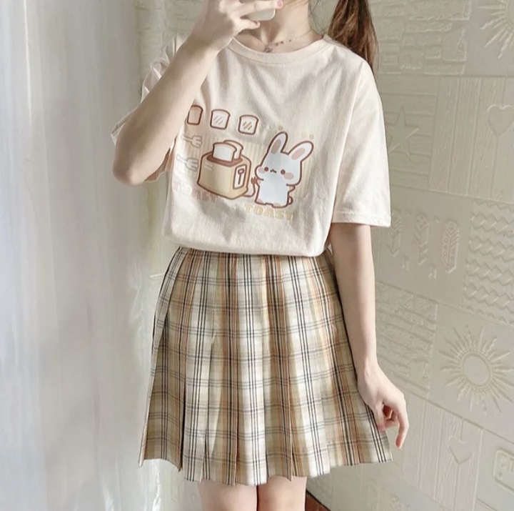 Cute Bunny And Toast Bread Graphic Cartoon Print Loose Short Sleeve T-shirt Aesthetic Casual Summer E-Girl Kawaii Korean Japanese Harajuku