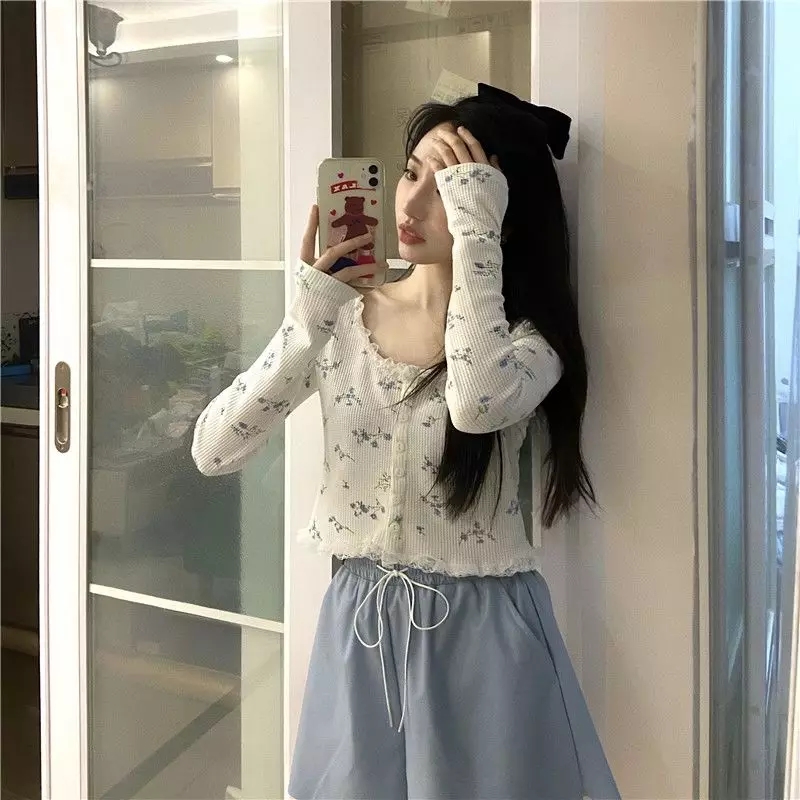 Sweet Floral Lace Chic Cardigan Patchwork Long Sleeve Shirt Crop Top Casual Summer E-Girl Kawaii Korean Japanese Harajuku